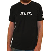 Devo- Logo on front, Booji Boy on sleeve on a black ringspun cotton shirt