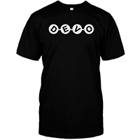Devo- White Or Silver Logo on front, Energy Dome on sleeve on a black ringspun cotton shirt