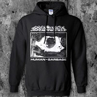 Dystopia- Human=Garbage on a black hooded sweatshirt