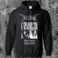 Doom- Destroy Fascism on a black hooded sweatshirt