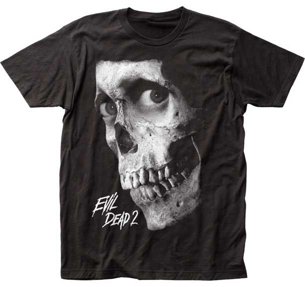 Evil Dead 2, Dead By Dawn- Skull (Black/White) on a black ringspun cotton shirt