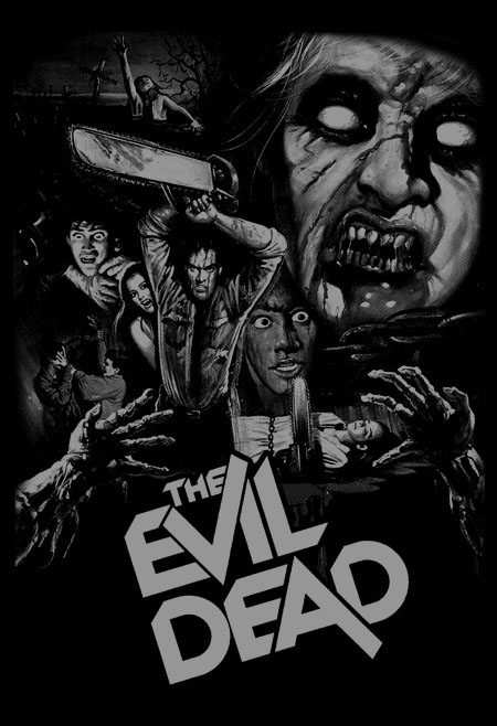Evil Dead- Collage (Grey Print) on a black shirt