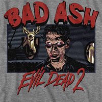 Evil Dead 2- Bad Ash on a graphite heather ringspun cotton shirt