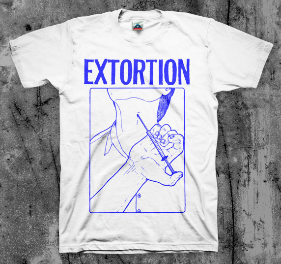 Extortion- Syringe shirt (Blue Ink On Various Color Ts) (Sale price!)