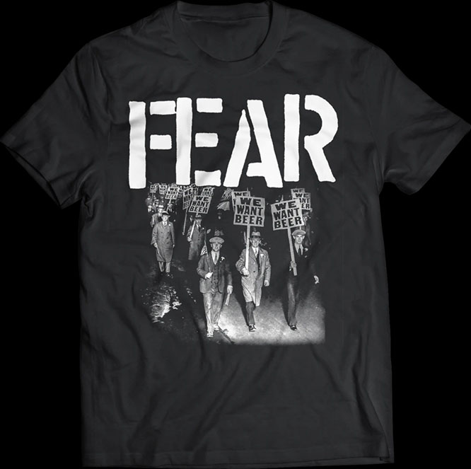 Fear- We Want Beer on a black ringspun cotton shirt