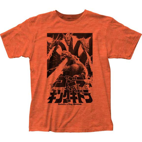Godzilla- Vs King Ghidorah on a heather orange ringspun cotton shirt