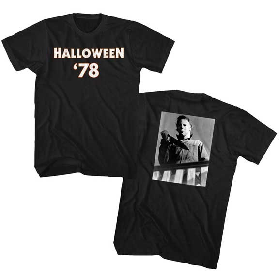 Halloween- Halloween 78 on front, Michael Myers on back on a black ringspun cotton shirt
