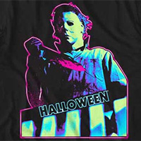 Halloween- Neon Knife Stairs Pic on a black ringspun cotton shirt