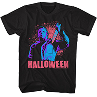 Halloween- Michael With Knife & Blood Splatter on a black ringspun cotton shirt