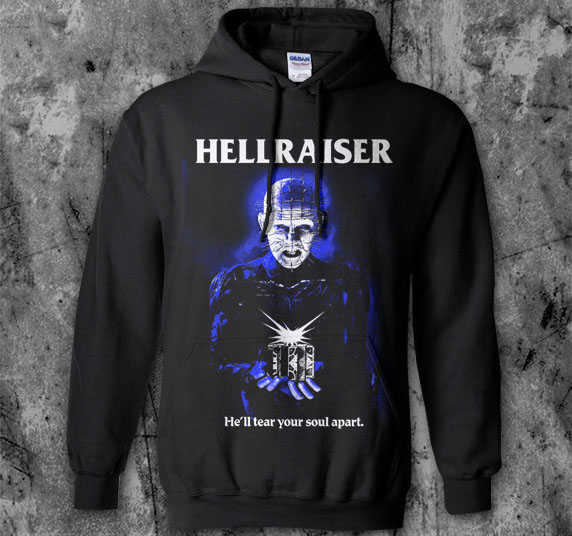 Hellraiser- He'll Tear Your Soul Apart on a black hooded sweatshirt