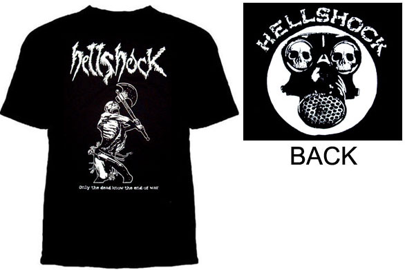 Hellshock- Only The Dead Know The End Of War (Skeleton Swinging Axe) on front, Gas Mask on back on a black YOUTH sized shirt