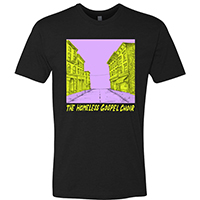 Homeless Gospel Choir- Harrisburg Shoes (Purple & Yellow front) on front & back on  a black ringspun cotton shirt