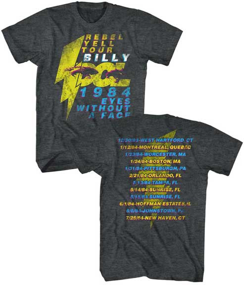 Billy Idol- Rebel Yell Tour 1984 on front, Tour Dates On Back on a graphite heather ringspun cotton shirt