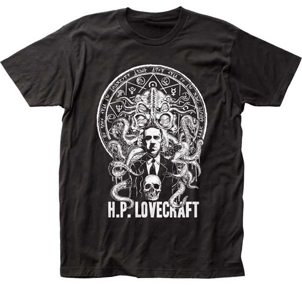 HP Lovecraft- Cthulhu & Skull (White Print) on a black ringspun cotton shirt