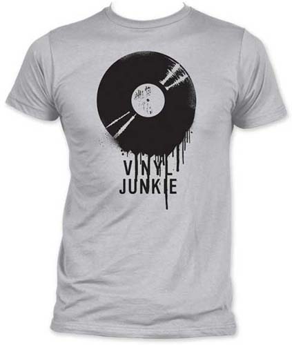 Vinyl Junkie on a grey ringspun cotton shirt (Sale price!)