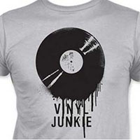 Vinyl Junkie on a grey ringspun cotton shirt