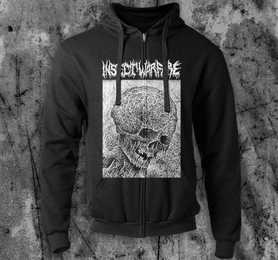 Insect Warfare- Skull on a black zip up hooded sweatshirt