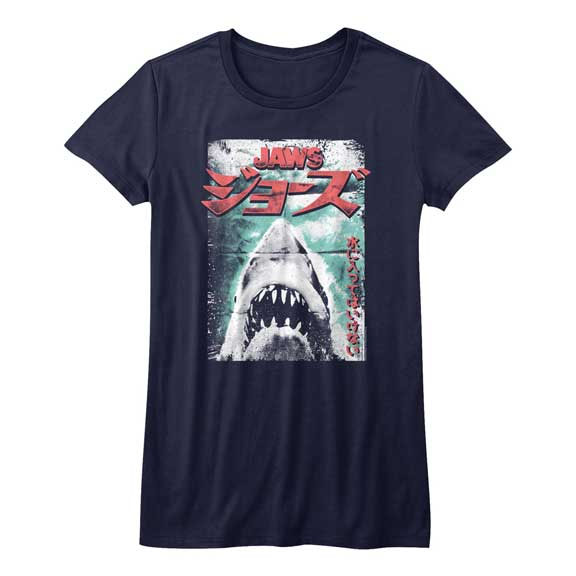 Jaws- Japanese Poster on a navy girls shirt
