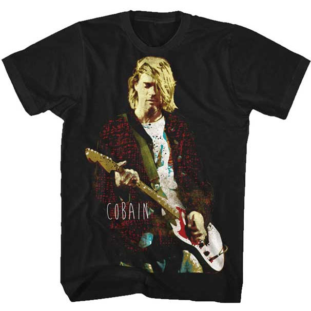 Kurt Cobain- Playing Guitar on a black shirt