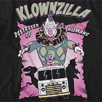 Killer Klowns From Outer Space- Klownzilla on a black ringspun cotton shirt