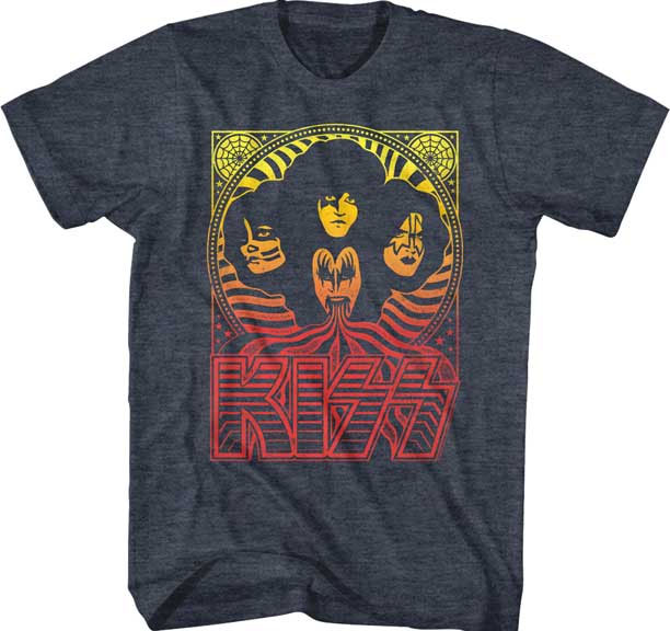 Kiss- Faces And Logo Yellow/Red Gradient Pic on a navy heather ringspun cotton shirt