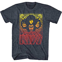 Kiss- Faces And Logo Yellow/Red Gradient Pic on a navy heather ringspun cotton shirt