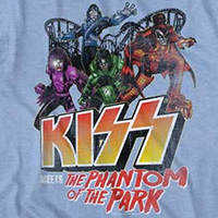 Kiss- Meets The Phantom Of The Park on a light blue heather ringspun cotton shirt