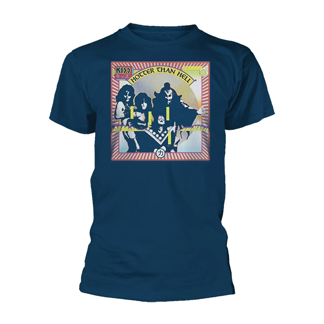 Kiss- Hotter Than Hell on a navy ringspun cotton shirt