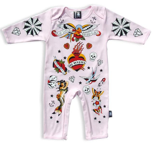 Old School Tattoo Pink Bodysuit by Six Bunnies (S:0-3m, M:3-6m, L:6-12m) - SALE