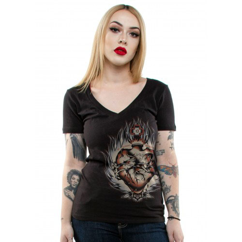 Burning Love Anatomical Heart Deep V Neck shirt by Lucky 13 - on black - SALE s zL only