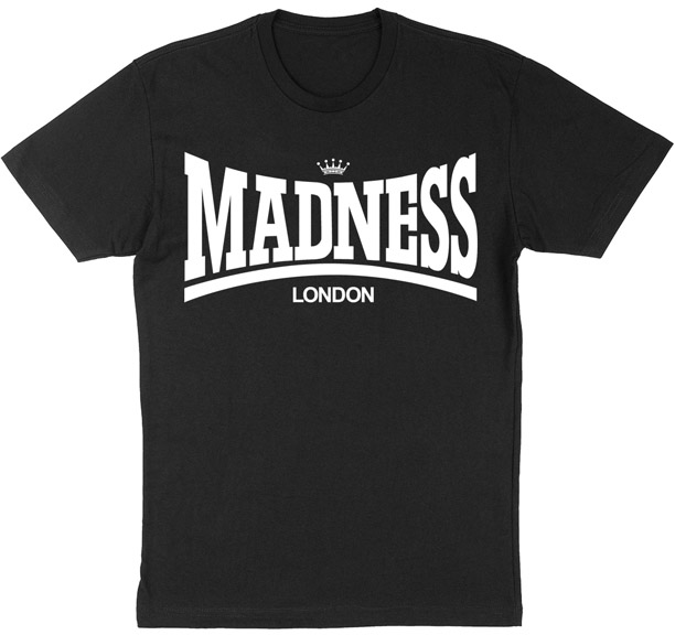 Madness- Madsdale (White Print) on a black shirt