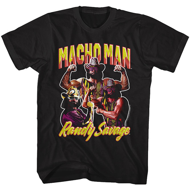 Macho Man Randy Savage- 3 Pics on a black ringspun cotton shirt