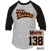 Misfits- Astro Zombies on front, 138 on back on a grey baseball shirt with black 3/4 length sleeves