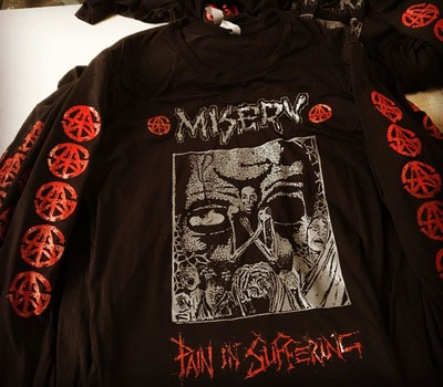 Misery- Pain In Suffering on front, Symbols on sleeves, Profane Existence on back on a black LONG SLEEVE shirt