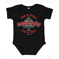 Motorbaby, Born To Snooze Live To Wizz on a black onesie (Motorhead)