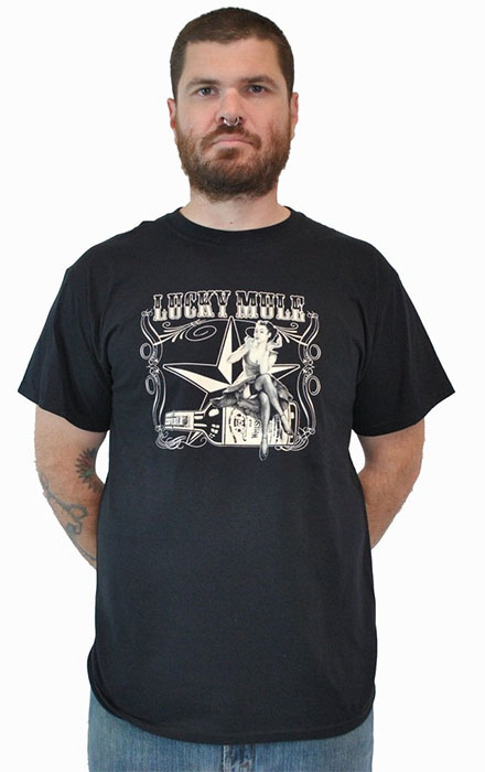 Lucky Mule Brand- Girl Sitting On Whiskey Bottle on a black shirt (Sale price!)