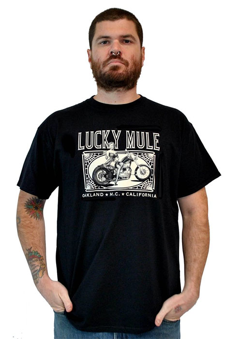 Lucky Mule Brand- Pin Up On Motorcycle on a black shirt - SALE sz S only