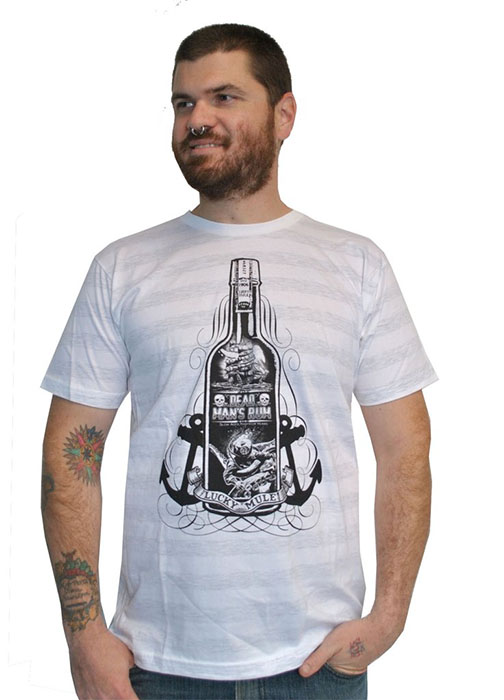Lucky Mule Brand- Dead Man's Rum on a white & grey striped shirt - SALE sz L only