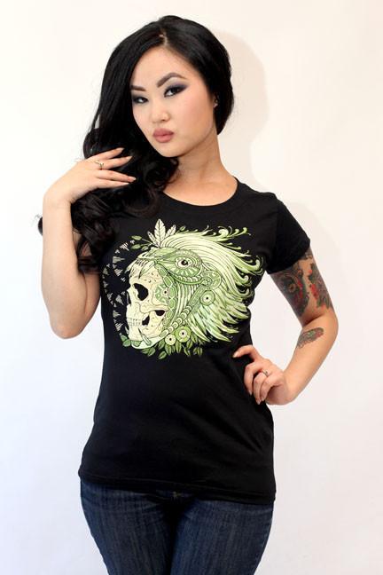 Lucky Mule Brand Aztec Skull On A Black Girls Fitted Shirt Sale Price
