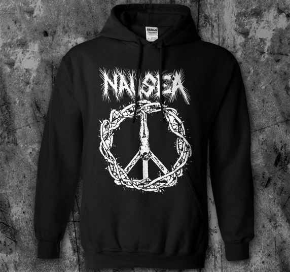 Nausea- Crucifix on a black hooded sweatshirt
