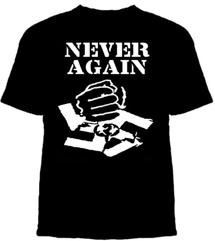 Anti Nazi- Never Again on a black YOUTH SIZED shirt
