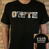 Off With Their Heads- OWTH on front, Rich Handsome Miserable on back on a black ringspun cotton shirt