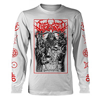 Ingested- Slam Metal Ist Krieg on front & back, Symbols on sleeves on a white long sleeve shirt 