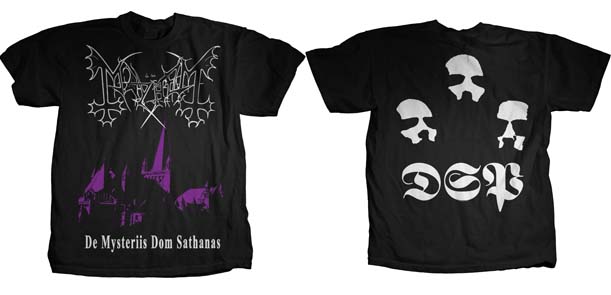 Mayhem- De Mysteriis Dom Sathanas (Purple & White) on front, Faces on back on a black shirt