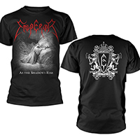 Emperor- As The Shadows Rise on front, Logo on back on a black shirt