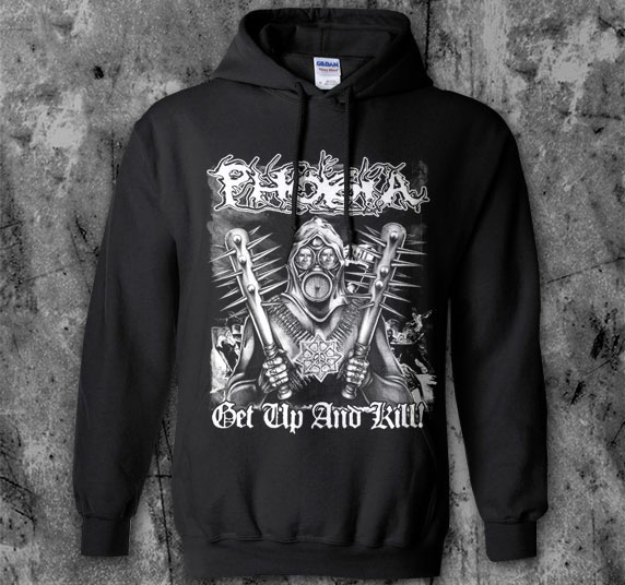 Phobia- Get Up And Kill on a black hooded sweatshirt