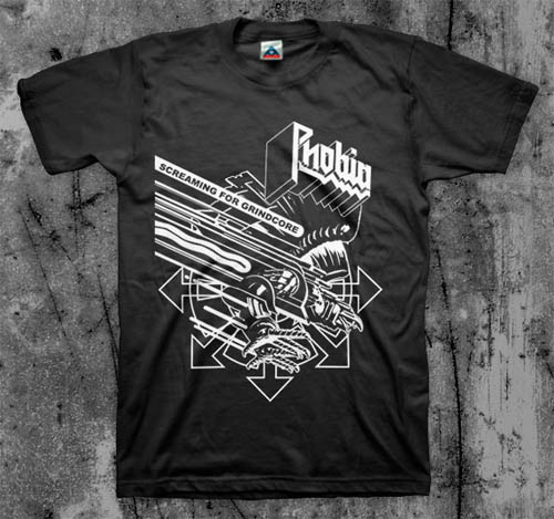 Phobia- Screaming For Grindcore on a black shirt