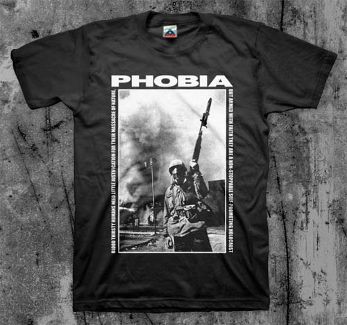 Phobia- Blood Thirsty Humans (Soldier) on a black shirt