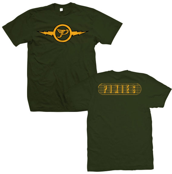 Pixies- Lightning on front, Logo on back on an army green shirt