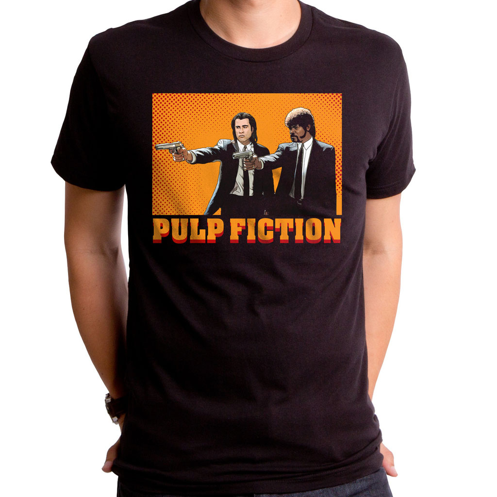 Pulp Fiction- Comic on a black ringspun cotton shirt by Goodie Two Sleeves